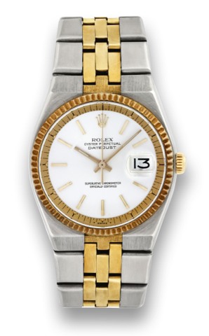 ROLEX, REF. 1630, STEEL & GOLD, DATEJUST.Rolex, Oyster Perpetual, Datejust, Superlative Chronometer.Officially Certified, case No. 4055426, Ref. 1630. Made.in 1975..Fine and rare, tonneau-shaped, center seconds, self-winding.water-resistant, stainless ste