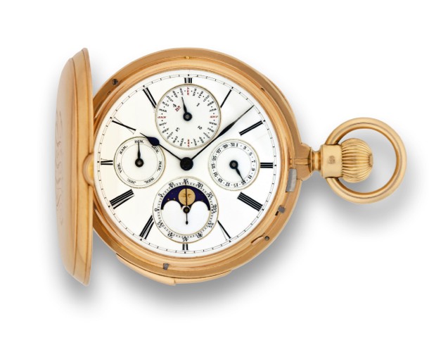POITEVIN QUARTER REPEATING & PERPETUAL.CALENDAR WATCH WITH SIX COMPLICATIONS.B. Poitevin, No. 29198. Made circa 1900..Very fine and rare, quarter-repeating, 18K yellow gold.hunting-cased, keyless pocket watch with perpetual calendar.and moon phase.