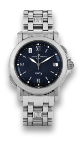 ULYSSE NARDIN, REF. 203, SAN MARCO GMT.Ulysse Nardin, San Marco GMT, 100 m, No. 2775.Ref. 203-22. Made in 1996..Fine, water-resistant, self-winding, center seconds, two.time zone, stainless steel wristwatch with date and a.stainless steel Ulysse Nardin li