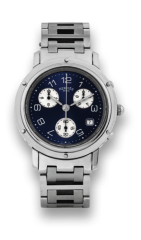 HERMES REF. CL1.910.CHRONO, STEEL.Hermes, Paris, case No. 874797.Ref. CL1.910. Made in the 1990s..Fine, stainless steel wristwatch with date.round button chronograph, registers and.a stainless steel Hermes link bracelet.with deployant clasp..To be sold wi