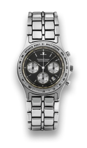 JAEGER LECOULTRE.PULSATIONS SCALE.Jaeger LeCoultre, Chronographe.movement No. 2461016, case No..1657024, Ref 115.8.31. Made in the.1990's..Fine, water-resistant, stainless steel.quartz wristwatch with round button.chronograph, registers, tachometer.pulsom