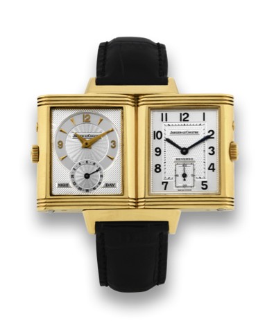 JAEGER LECOULTRE NIGHT-DAY REVERSO.Jaeger LeCoultre, Reverso Duo Face Night Day, case.No. 1806420, Ref. 270.1.54. Made circa 2000..Very fine, rectangular, 2 individually adjustable time zones.double dial, 18K yellow gold reversible wristwatch with an.18K 