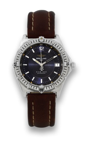 BREITLING SIRIUS STEEL AUTOMATIC.Breitling, 1884, Automatic, 100 m, No. 0117, Ref. A10071..Made in the 1990's..Fine and rare, center seconds, self-winding, water-resistant.stainless steel wristwatch with date and a stainless steel.Breitling buckle. Accomp