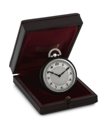 GUSTAVE SANDOZ ONYX.POCKET WATCH.Gustave Sandoz, Paris. Made circa 1930..Rare and fine, 18K white gold, onyx.and pearl keyless Art Deco dress.pocketwatch. Accompanied by original.fitted box.