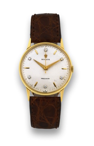 ROLEX REF. 8961 YELLOW GOLD & DIAMOND.Rolex, Precision, Ref. 8961. Made in the 1950s..Fine, center seconds, 18K yellow gold and diamond wristwatch.