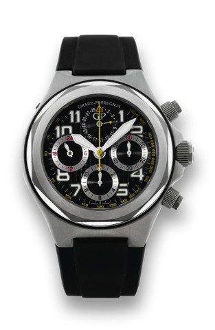 GIRARD-PERREGAUX REF. 80180 TITANIUM.LAUREATO EVO 3 CHRONOGRAPH.Girard-Perregaux, Laureato Evo 3, No. TI 603, Ref. 80180..Sold in 2009..Fine, self-winding, water-resistant, titanium wristwatch with.round button chronograph, register, progressive 60-minute