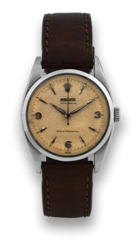 ROLEX REF. 6352 STEEL HONEYCOMB DIAL.Rolex, Oyster Perpetual, Shock-Resisting, case No. 29703, Ref. 6352/6350. Made in 1954..Fine, center seconds, self-winding, water-resistant, stainless steel wristwatch.