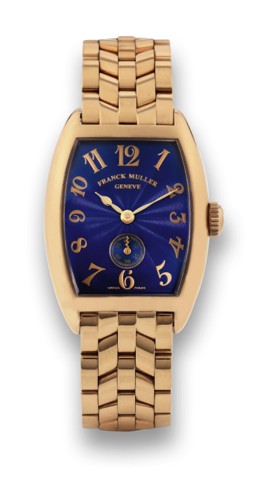 FRANCK MULLER REF. 1750 PINK GOLD.Franck Muller, Cintr_e Curvex, No. 306, Ref. 1750 S6. Made.in the 1990's..Fine and rare, tonneau-shaped, 18K pink gold mid-sized.wristwatch with an 18K pink gold Franck Muller link bracelet..Accompanied by a fitted box, c