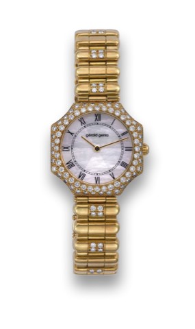 GERALD GENTA REF. G2893.7 GOLD AND.DIAMONDS.Gerald Genta, Geneve, case No. 47091, Ref. G2893.7. Made.in the 1980s..Fine and unusual, octagonal, water-resistant, 18K yellow.gold and diamond lady's quartz wristwatch with an integral.18K yellow gold and diam