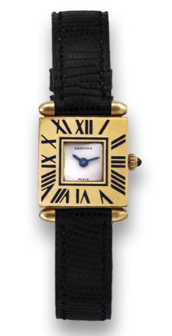 CARTIER, TANK OBUS YELLOW GOLD.Cartier, Paris, Tank Obus, No. A101223. Made in the 1970's. Fine, square, 18K yellow gold and champleve.enamel quartz wristwatch with 18k gold Cartier buckle.