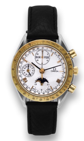 OMEGA REF. 175.0034 SPEEDMASTER TRIPLE.DATE STEEL AND GOLD.Omega, Speedmaster, case No. 51523268, Ref. 175.0034..Made in the 1990's..Fine, self-winding, stainless steel and 18K yellow gold.wristwatch with round button chronograph, registers and.tachometer