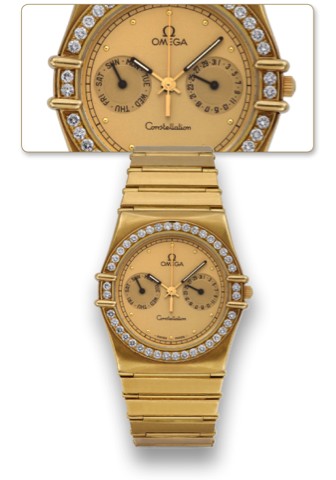 OMEGA YELLOW GOLD.CONSTELLATION DAY DATE.Omega, Constellation, No. 49501992, Ref. 496.1069. Made in.the 1990's..Fine, tonneau-shaped, quartz, center seconds 18K yellow.gold and diamond wristwatch with day and date and an 18K.yellow gold bar-link bracelet 