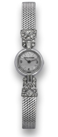 JAEGER LECOULTRE PLATINUM & DIAMOND.Jaeger-LeCoultre, No. 20764. Made in the 1960s.Fine and elegant, platinum and diamond lady's wristwatch with backwind and integral 18K white gold mesh.bracelet. Accompanied by a fitted Box.