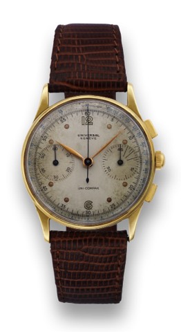 UNIVERSAL UNI-COMPAX.Universal, Geneve, Uni-Compax, case No. 1114532, Ref.12445. Made in the 1950s..Fine yellow gold wristwatch with square button chronograph, registers and tachometer..To be sold without reserve