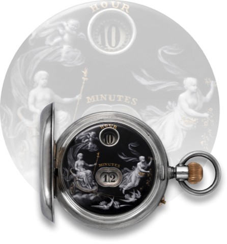 IWC SILVER JUMP HOUR POCKET WATCH WITH PAINTED ENAMEL DIAL.International Watch Co., Schaffhausen, Swiss, No. 8473. Made circa 1890..Fine and very rare, silver and painted on enamel, keyless pocket watch using J. Pallweber's English Patent No. 5863, from 8