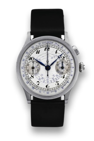 OMEGA SINGLE CHRONOGRAPH CAL 33.3 STEEL.Omega, movement No. 8382150, case No. 9016652..Made in the 1930s..Very fine and rare, stainless steel Staybrite wristwatch.with single olive shaped single button chronograph, register.telemeter and tachometer.