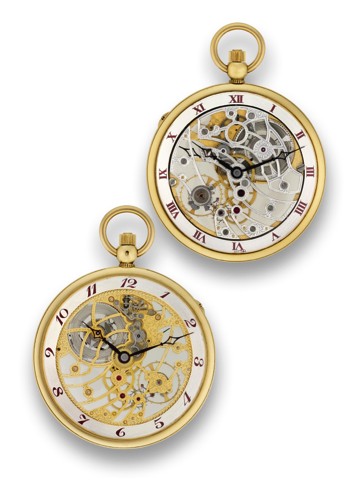 DOUBLE-DIALED TWO-TIME-ZONE SQUELETTE.DRESS WATCH.Swiss. Made as a special order in 1995..Fine, unique and very elegant, two-time-zone, skeletonized.18K yellow gold, double-dialed, keyless dress watch.