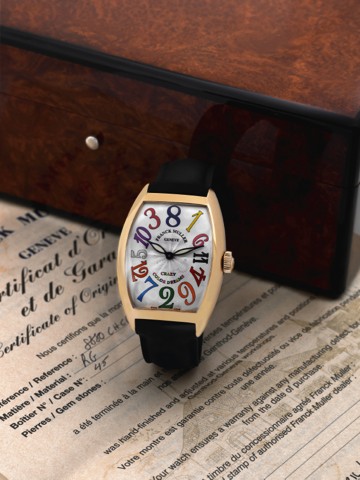 FRANCK MULLER CRAZY COLOR DREAMS.PINK GOLD.Franck Muller, Geneve, Crazy Color Dreams, case No. 45.Ref. 8880 CH. Made in the 2000s..Fine and unusual, oversized, tonneau-shaped and curved.water-resistant, self-winding, 18K pink gold wristwatch with.non sequ