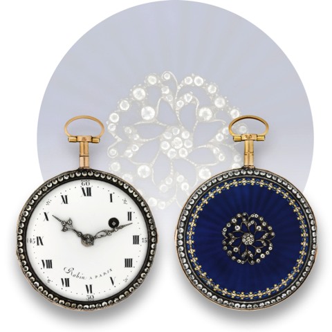 Robin A Paris. Made circa 1790..Fine, 18K gold, enamel and paste-set pocket watch.