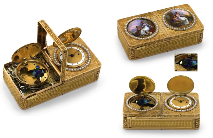 MAGNIFICENT GOLD & ENAMEL SINGING BIRD SNUFF BOX.WITH CONCEALED WATCH.Attributed to Freres Rochat, Geneva. Made for the Chinese market, circa 1815..Magnificent and extremely rare, 18K gold and pearl-set, combined singing bird box with snuff.box, watch and