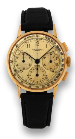 UNIVERSAL COMPAX.TWO-TONE DIAL, PINK GOLD.Universal, Geneve, Compax.Chronograph, case No. 827105.Ref.12514. Made in the 1950s..Fine 18k pink gold wristwatch with.square button chronograph, registers.and tachometer..To be sold without reserve