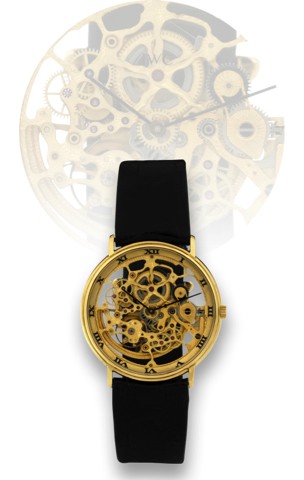 IWC SQUELETTE, YELLOW GOLD.International Watch Co., Schaffhausen, Squelette.movement No. 2459680, case No. 2452184, Ref. 2701. Made.in the 1990s..Very fine and elegant, thin, skeletonized, self-winding, 18K.yellow gold wristwatch with an 18K yellow gold I