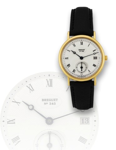 BREGUET, REF. 5920, CLASSIC AUTOMATIC.YELLOW GOLD.Breguet, No. 343, Ref. 5920. Made circa 2006..Very fine, self-winding, 18K yellow gold wristwatch with date.and an 18K yellow gold Breguet buckle.