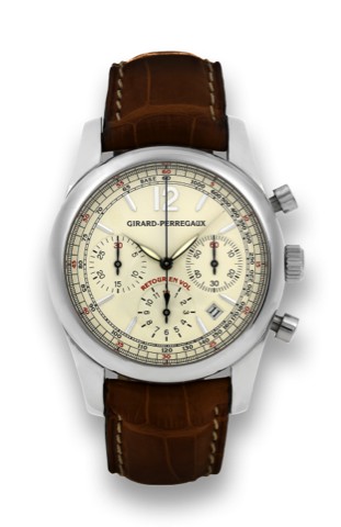 GIRARD-PERREGAUX RETOUR EN VOL, STEEL.Girard-Perregaux, Chronographe Retour en Vol, No. 439.Ref. 4958. Made circa 2000..Fine, self-winding, water-resistant, stainless steel wristwatch.with fly-back round button chronograph, registers, date.tachometer and 