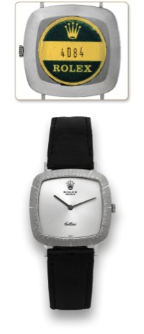 ROLEX REF. 4084 CELLINI, WHITE GOLD.Rolex Cellini, Ref. 4084. Made in the 1970's..Fine, cushion-shaped, 18K white gold wristwatch with a.stainless steel Rolex buckle..To be sold without reserve