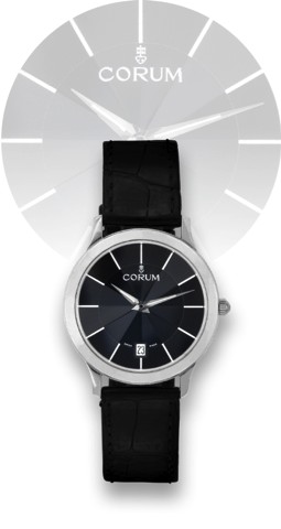 CORUM FACETED CRYSTAL.Corum, case No. 610617, Ref. 43.147.59. Made.circa 2000..Fine, water resistant, 18K white gold wristwatch with date.and an 18K white gold Corum buckle.