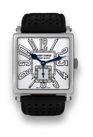 ROGER DUBUIS GOLDEN.SQUARE, WHITE GOLD.Roger Dubuis, Horloger Genevois.Golden Square, No. 08/28, movement.No. 73, Ref. G40.1403.63C. Made in a.limited edition of 28 pieces in 2004..Very fine, square curved, oversized.self-winding, water resistant, 18K whi