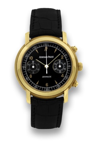 AUDEMARS PIGUET JULES AUDEMARS.CHRONOGRAPH, YELLOW GOLD.Audemars Piguet, Automatic, case No. E16426, Ref. 25859..Made in the 2000s..Very fine, self-winding, water-resistant, 18K yellow gold.wristwatch with round button chronograph, register, and.an 18K ye