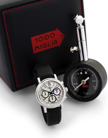 CHOPARD REF. 8331 - MILLE.MIGLIA CHRONOGRAPH.Chopard, Genève, 1000 Miglia, case.No. 718413. Ref. 8331. Made circa 2003..Fine, self-winding, water-resistant, stainless.steel wristwatch with date, round button.chronograph, registers, tachometer and.a Chopar