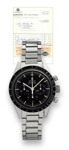OMEGA REF. S 105.003-64.SPEEDMASTER – CAL. 321.Omega, Speedmaster, movement.No. 22087792, Ref. S 105.003-64. Sold on.December 2nd, 1965..Fine and rare, water-resistant, stainless steel.wristwatch with round button chronograph.registers, tachometer and a s