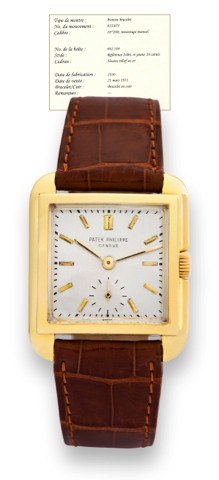 PATEK PHILIPPE, REF. 2486.YELLOW GOLD.Patek Philippe, Geneve, movement.No. 955075, case No. 662104, Ref. 2486..Sold on March 21st, 1951..Fine and rare, square, 18K yellow gold.wristwatch with an 18K pink gold Patek.Philippe buckle. Accompanied by the.Extr