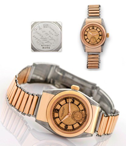 ROLEX, REF. 3064, RIGID HOODED STEEL AND PINK GOLD.Rolex, Oyster Perpetual, Chronomètre, Ref. 3064. Case No. 43491. Made in 1938..Very fine and rare, tonneau-shaped, self-winding, water-resistant, stainless steel and.pink gold gentleman's wristwatch with 