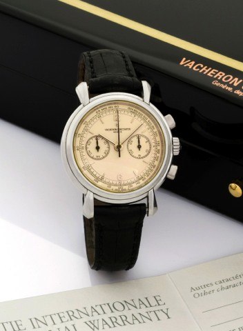 VACHERON & CONSTANTIN, REF. 47101/00P.LES HISTORIQUES PLATINUM CHRONOGRAPH.Vacheron & Constantin, Genève, Les Historiques.movement No. 877992, case No. 705283, Ref. 47101/000P..Sold on December 24, 1999..Very fine, platinum wristwatch with square button c