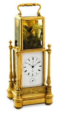 SINGING BIRD CARRIAGE CLOCK.Japy Freres, France. Made circa 1880..Fine and extremely rare, center-seconds, 8-day going, hour.and half-hour striking carriage clock, with repeating, alarm.and singing bird activated on the hour and at will.