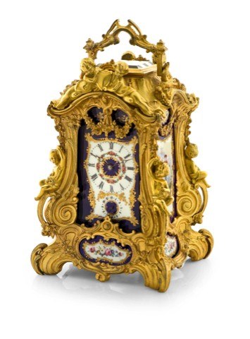 NAPOLEON III CARRIAGE CLOCK.Attributed to Drocourt, Paris, No. 3166. Made circa 1870..Fine and rare, large, ormolu and Sevres-style porcelain mounted, 8-day going, hour and half-hour striking carriage clock with.repeating and alarm..To be sold without res