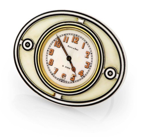 MAPPIN & WEBB SILVER & ENAMEL DESK CLOCK.Swiss, No. 1907, retailed by Mappin & Webb (London). Made.circa 1920..Fine, silver, enamel and ivory, 8-day going desk clock.
