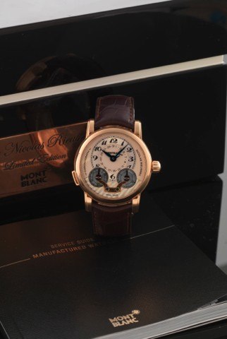 MONTBLANC REF. 7136 NICOLAS RIEUSSEC.MONOPUSHER CHRONOGRAPH PINK GOLD.Montblanc, Le Locle, Single Button Chronograph, No. 054/125.No. 100188, Ref. 7136. Made in a Limited Edition of 125.pieces in circa 2008..Very fine, large, water-resistant, 18K pink gol