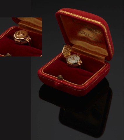 ROLEX REF. 8655 PRECISION RING WATCH.YELLOW GOLD.Rolex Geneve, Precision, case No. 778588, Ref. 8655. Made.circa 1950s..Fine, octagonal, 18K yellow gold, ring watch with concealed.dial. Accompanied by the original fitted box.