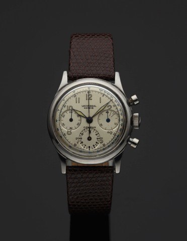 UNIVERSAL REF. 22278 COMPAX STEEL.Universal, Geneve, Compax, case No. 1046071, Ref. 22278..Made in the 1950s..Fine, stainless steel wristwatch with round button.chronograph, registers and tachometer.