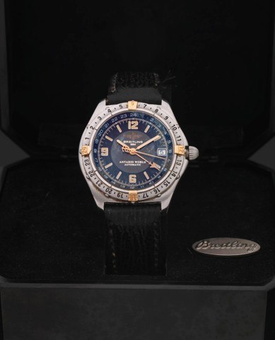 BREITLING REF. R32047 ANTARES WORLD STEEL.Breitling, Antares World Automatic, case No. 1318.Ref. R32047.1. Made in the 1990s..Fine, center seconds, self-winding, water-resistant stainless.steel wristwatch with date and a stainless steel Breitling.buckle. 