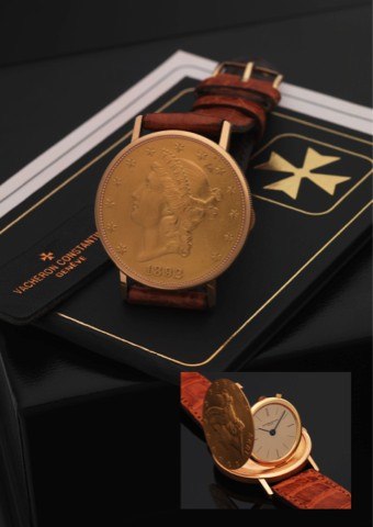 VACHERON & CONSTANTIN 20-DOLLAR COIN.WATCH YELLOW GOLD.Vacheron & Constantin, Genève. Made circa 1980..Very fine and rare, 18K yellow gold wristwatch fitted into a.20 U.S. dollar gold coin dated 1892 and an 18K yellow gold.buckle. Accompanied by a fitted 