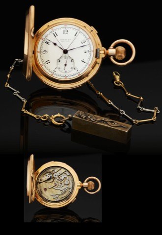 TIFFANY FIVE MINUTE REPEATING & SPLIT SECOND.CHRONOGRAPH.Tiffany & Co., New York, movement and case No. 18013. Made.circa 1900..Very fine and rare, hunting cased, 18K yellow gold, five-minute.repeating keyless pocket watch with split second chronograph..A