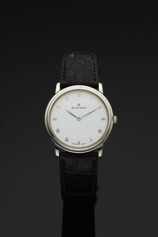 BLANCPAIN VILLERET PLATINUM.Blancpain, Villeret, No. 494. Made in circa 1990..Fine, thin, platinum wristwatch with a platinum Blancpain.buckle.