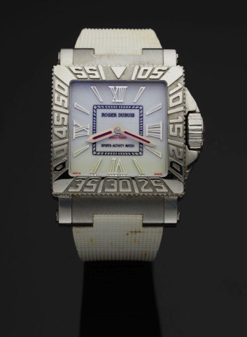 ROGER DUBUIS REF. 4486 AQUA MARE.STEEL AND GOLD.Roger Dubuis, Genève, Aqua- Mare - Just for Friends Sports.Activity Watch, No. 142 / 888, Ref. 4486. Made in a limited.edition of 888 pieces circa 2005..Fine and rare, large, square, curved, water-resistant 