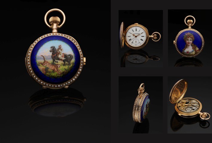 J. ULLMAN & CO. CHINESE MARKET MINUTE REPEATING CHRONOGRAPH HUNTING CASE YELLOW GOLD.ENAMEL.J. Ullmann & Co., Chaux-de-Fonds, Switzerland, locations in Hong Kong, Shanghai, Tientsin and Wladiwostock, No. 20091. Made.circa 1900..Fine, 14K yellow gold, pear