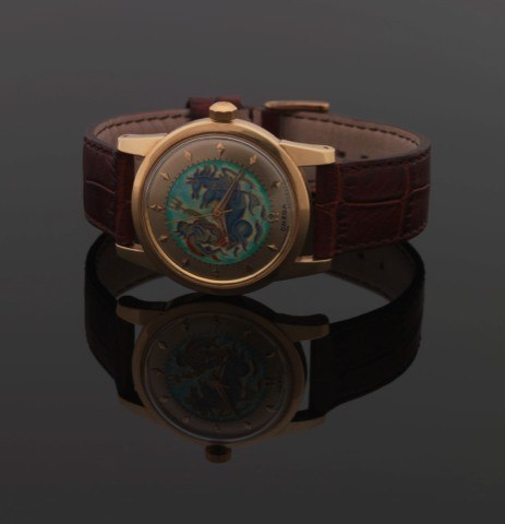 OMEGA REF. 2520 AUTOMATIC CLOISONNE ENAMEL DIAL YELLOW GOLD.Omega, Neptune’s Chariot Cloisonné Enamel Dial, Automatic, Chronometer, Officially Certified, No. 12430172, case.No. 11046362, Ref. 2520 / 2577. Made in 1952..Fine and rare, center seconds, self-